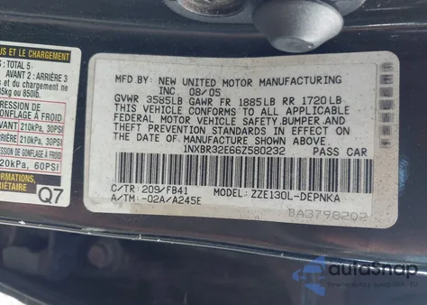 2006 Toyota Corolla Le z USA, uszkodzony, nr VIN 1NXBR32E66Z580232